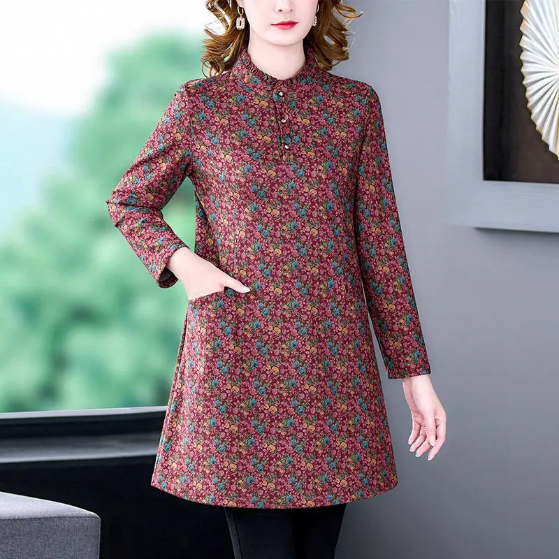 

Women's Stand Collar Button T-Shirt Autumn and Winter Fashion Patchwork Long Sleeve Pocket Loose Pullover Bottom Shirt Midi Tops