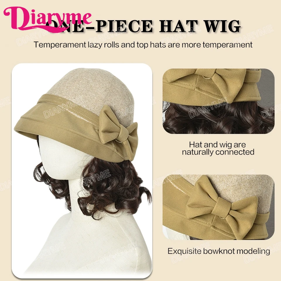 Hat Wig Women's Fashion Synthetic One-piece Bow Fisherman's Hat Wig Lazy Thick Warm Wool Short Curly Hair With Hat For Women Mom