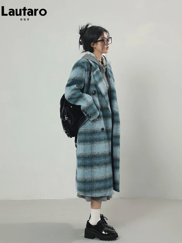 Lautaro Autumn Winter Long Warm Colorful Blue Plaid Woolen Coats for Women Shoulder Pads Double Breasted Korean Fashion 2023