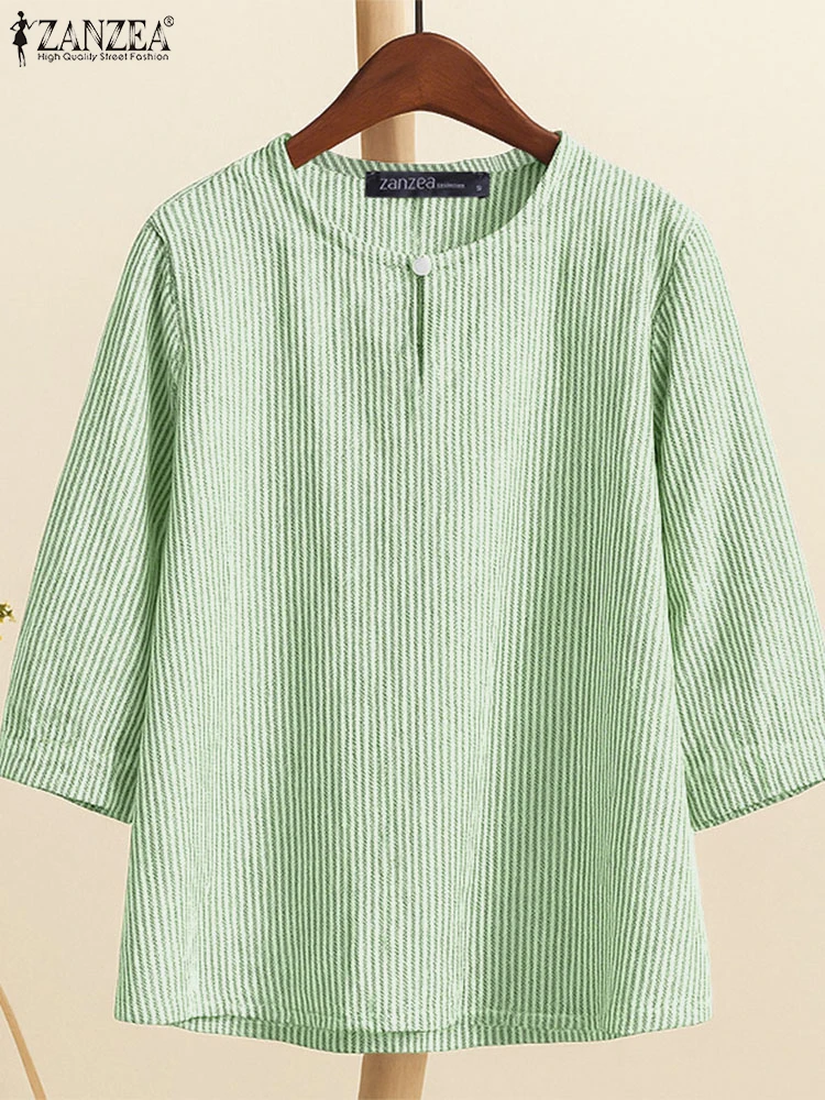 2025 ZANZEA Autunno Camicetta a righe Donna Camicie da lavoro eleganti Casual Scollo a V Camicia a maniche 3/4 O Collo Allentato Magliette e camicette Blusas Mujer Femme