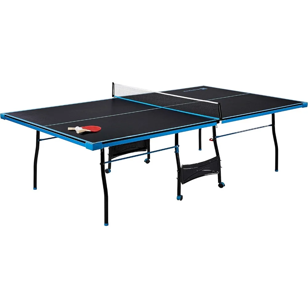 

Table Tennis Set, Regulation Ping Pong Table with Net, Paddles and Balls (8 Pieces) - Black & Light Blue