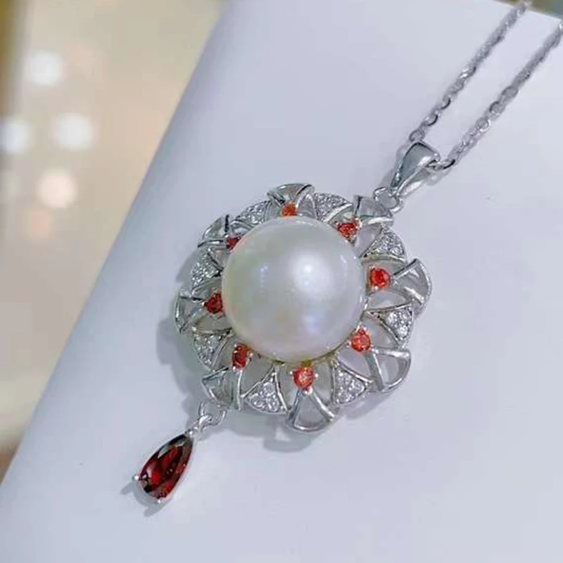 SGARIT Round Pearl Inlaid Stones Pendant Necklace Jewelry Natural Freshwater Edison Pearl Pendant S925 Silver Necklace for Party