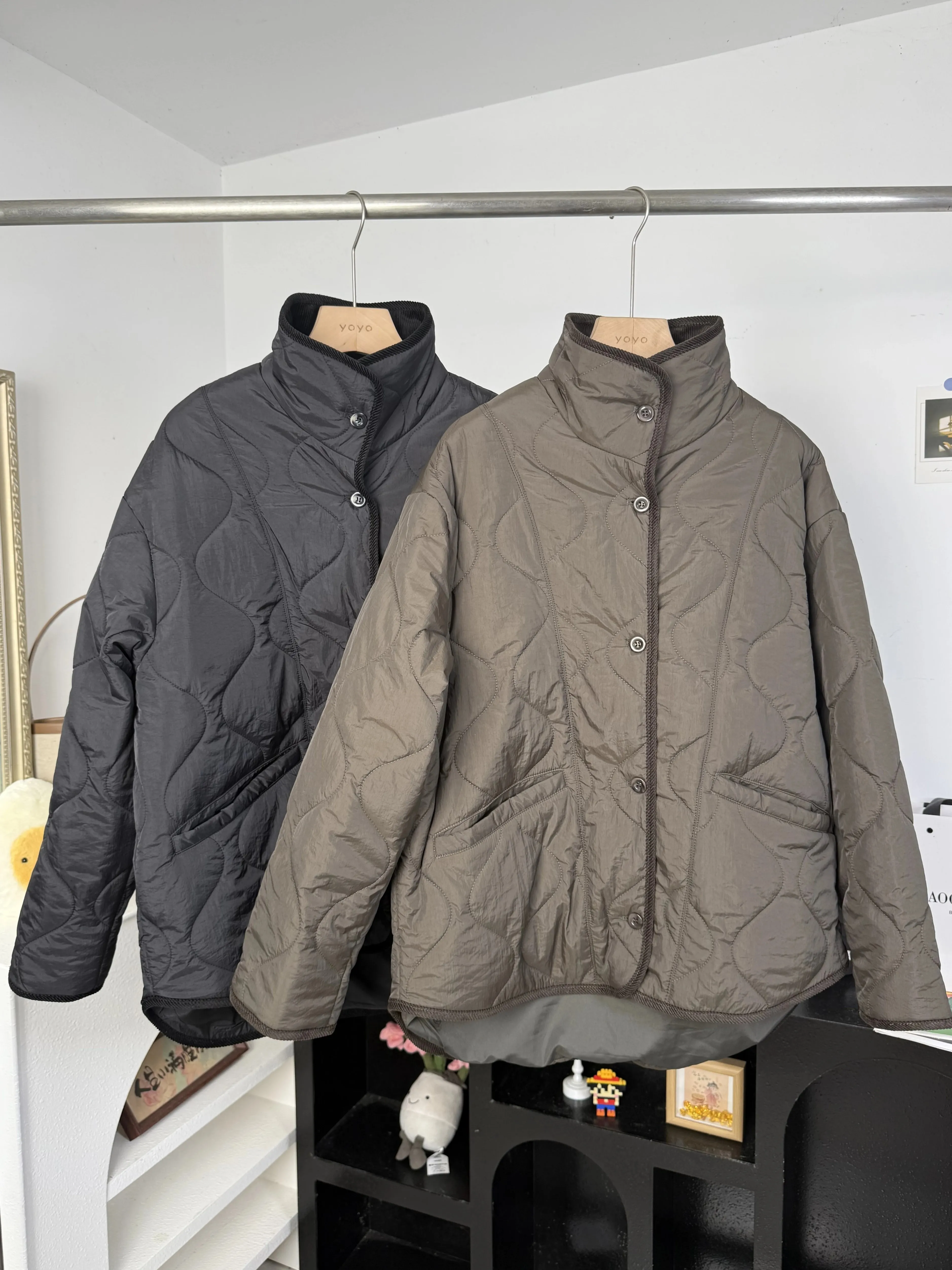 Winter Coat Women's Parkas Cotton Padded Jacket Corduroy Collar Water Resistant Padded Coat Loose Fit Contrast Trim Outerwear