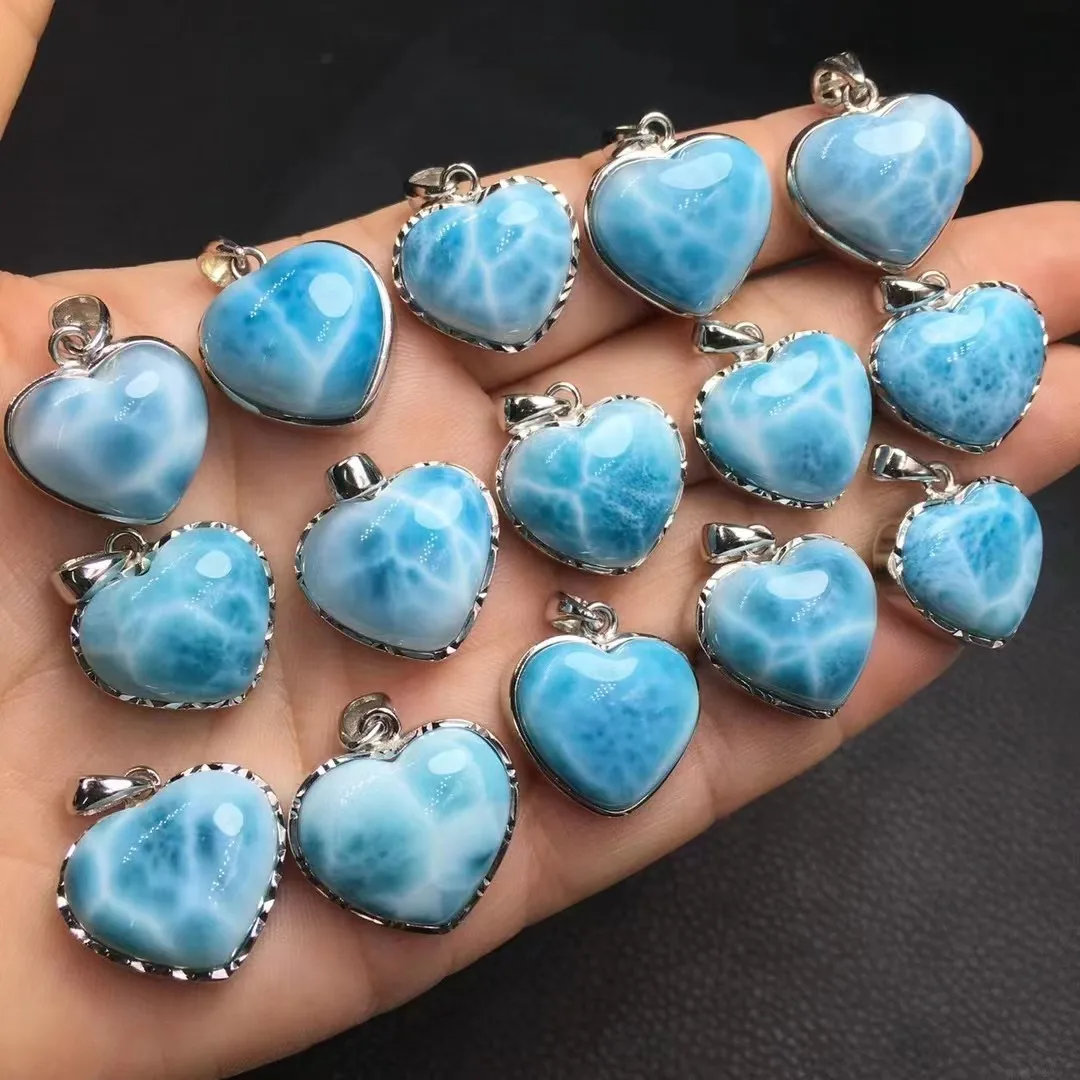 Unit One Piece 925 Silver Buckle With 17.8mm To 18.8mm Designed High Quality Natural Larimar Crystal Healing Heart Shape Pendant