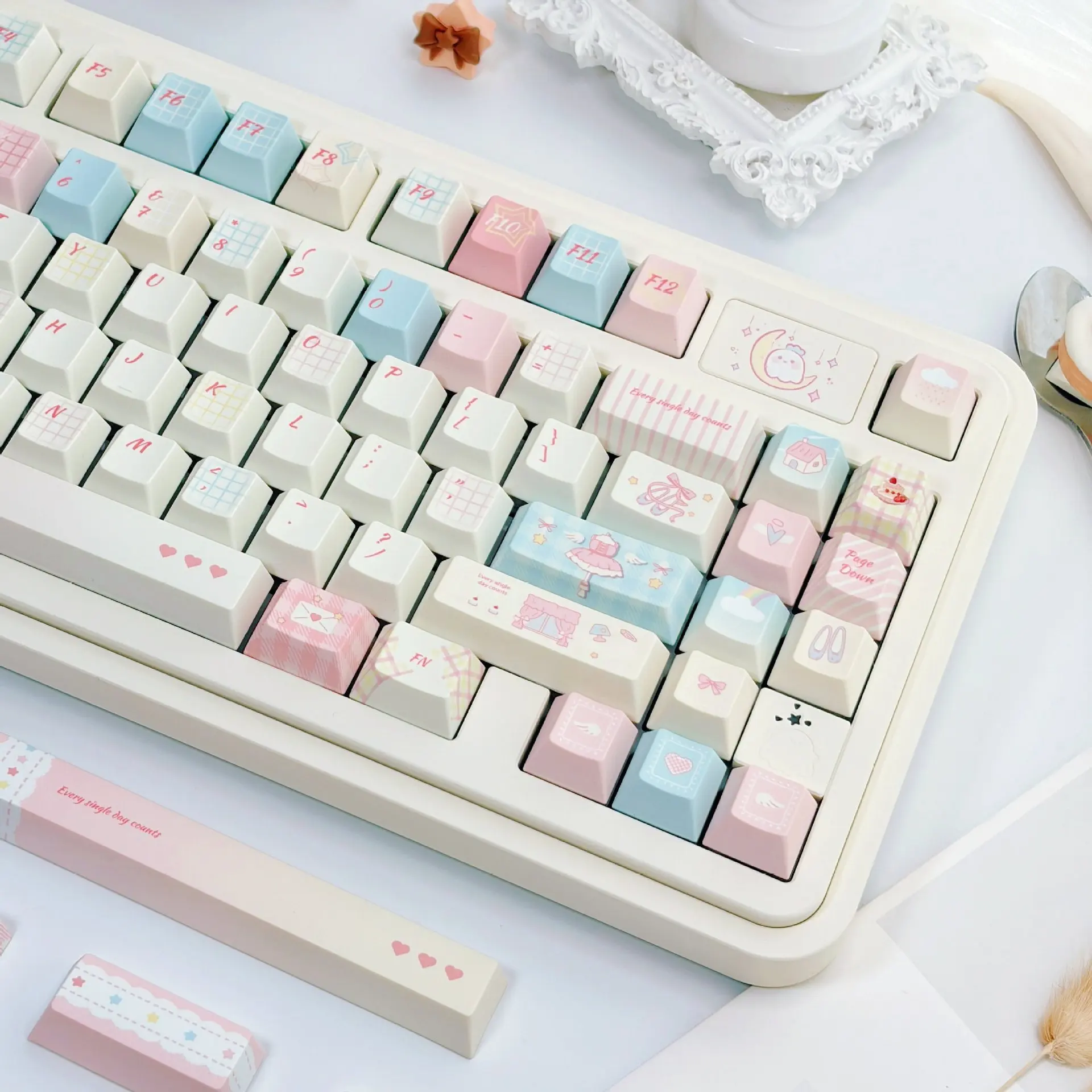 Sweet Pink Cherry Profile PBT Keycaps, 5-Side Dye Sublimation Cute Candy Style MX Keyboard/Split Keyboard Replacement Caps