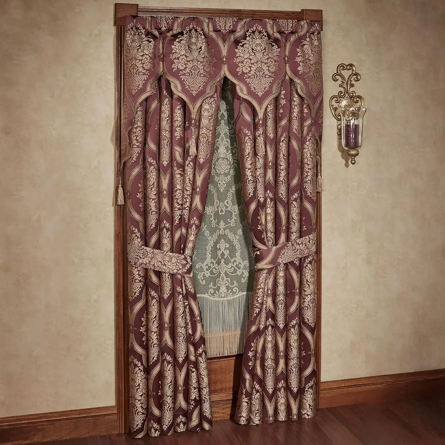 

Woven Jacquard Window Treatment Contour Valance Wide Curtain Set Wine Diamond Scroll Rod Pocket Medallion Damask