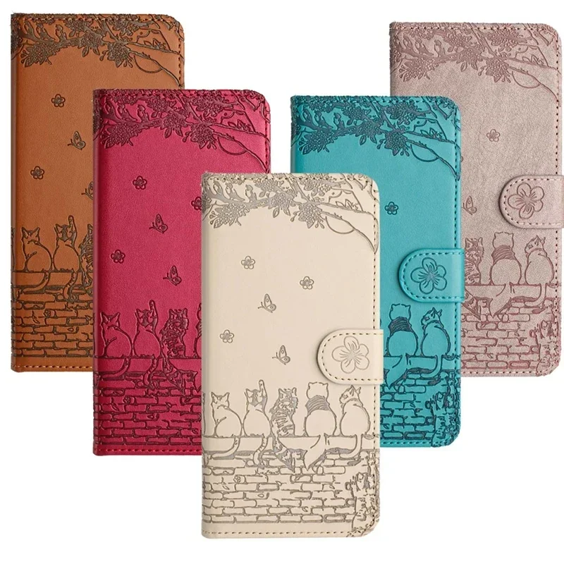 Wallet Cat Embossed Card Slot Magnetic Flip Leather Case For iPhone 16 Pro Max 15 Plus 14 13 Mini 12 11 SE 2025 X XS Max XR 8 7