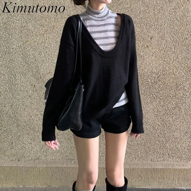 Kimutomo Knitted Sweater Pullover Women Striped Turtleneck Patchwork Fake Two Piece Loose Long Sleeve Vintage Jumper Y2k