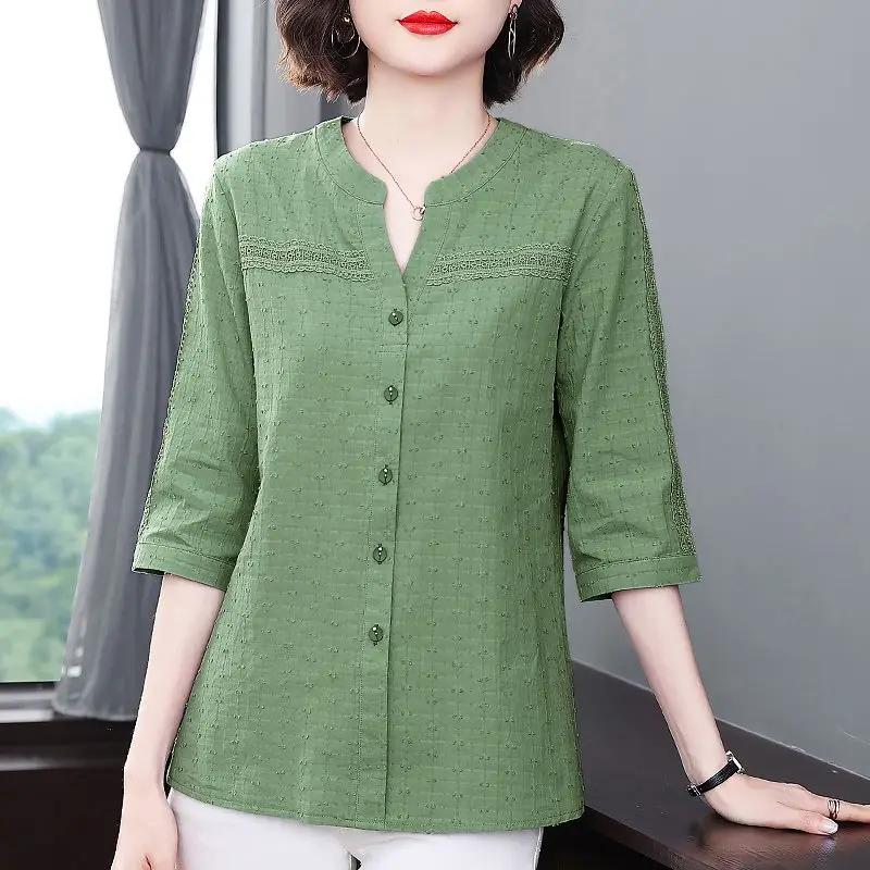 Pure Cotton Half Sleeved Shirts Women\'s 2024 Spring Autumn New Patchwork Lace V-neck Large Single-breasted Commute Cardigan Tops