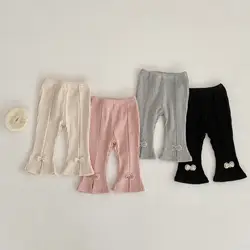 Baby Pants 2024 Autumn Toddler Pit Stripe High Waisted Trousers 0-3Y Kids Bow Flared Pants Infant Girls Stretch Casual Leggings