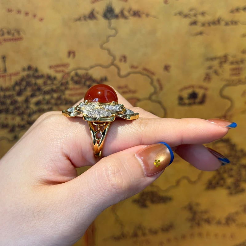 

Antique Gold Plated Sunflower Rings Big Red Agate Beads Inlaid Jewelry Luxury Retro Natural Stone Accessories 2026 For Women New
