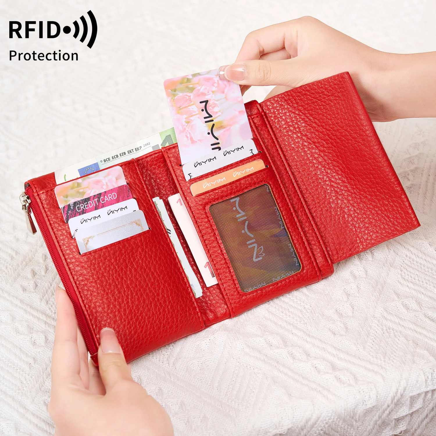 RFID Shielded Women's Wallet Stylish Bifold Folding Large Capacity Credit Card Holder Coin Purse Double Zipper Women's Hand Wall
