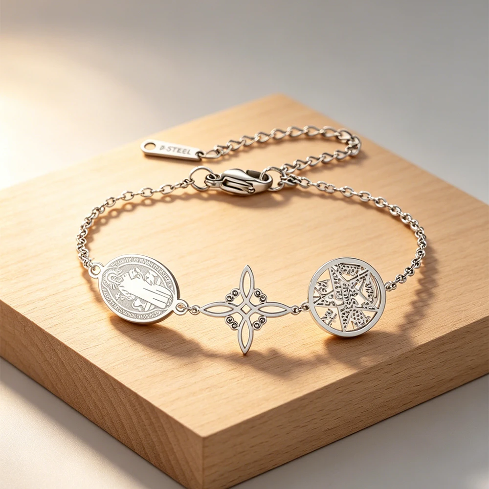 Heiliger Benedikt Tetragrammaton Hexenknoten Charm-Armband Edelstahl Dreifach-Schutz Hexerei Pentagramm Schmuck für Frauen und Männer