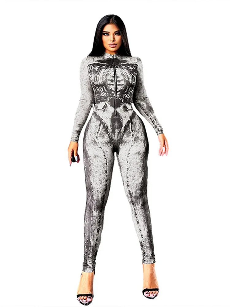 Abstract Print Jumpsuits Women Hipster Sexy Full Long Sleeve Front Zipper Slim One Piece Overalls 2023 Vintage Streetwear Sport