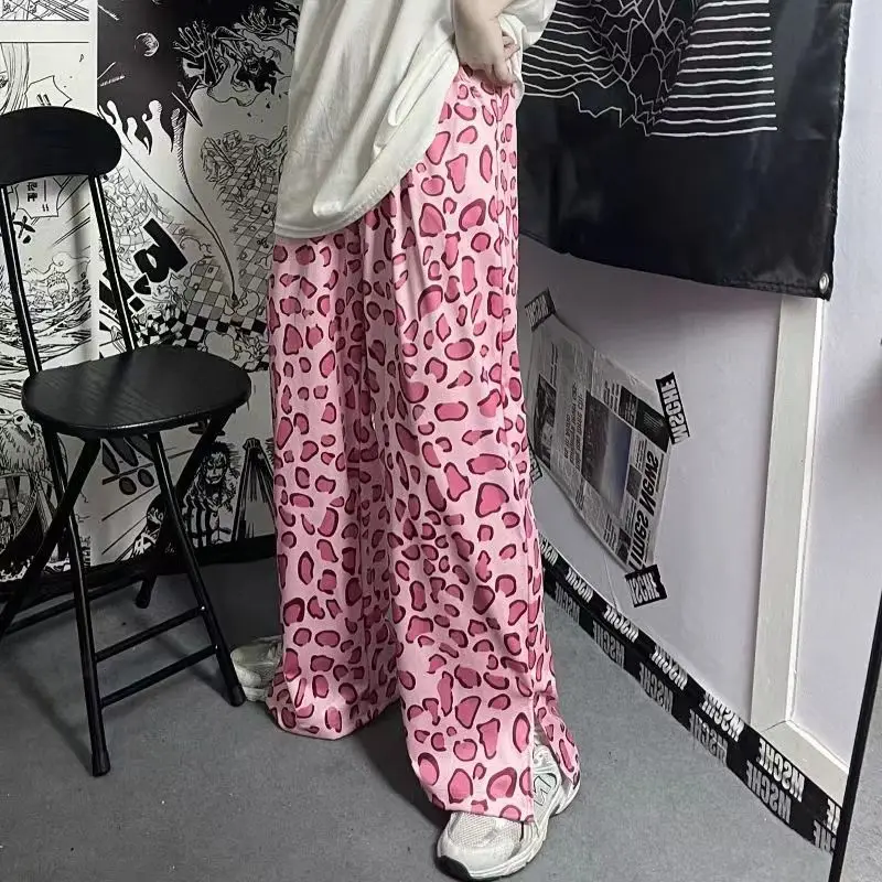 Y2k Women\'s Pants Pink Leopard Print Wide Leg Pants Summer Casual Loose Split Trousers Ins Fashion Trends Women Clothing