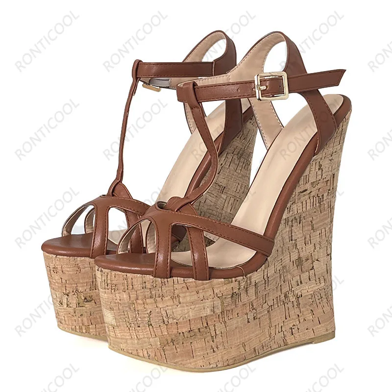 Ronticool Handmade Women T-strap Sandals Ultra High Wedges Heels Round Toe Classics Black Dress Shoes Ladies US Plus Size 5-15