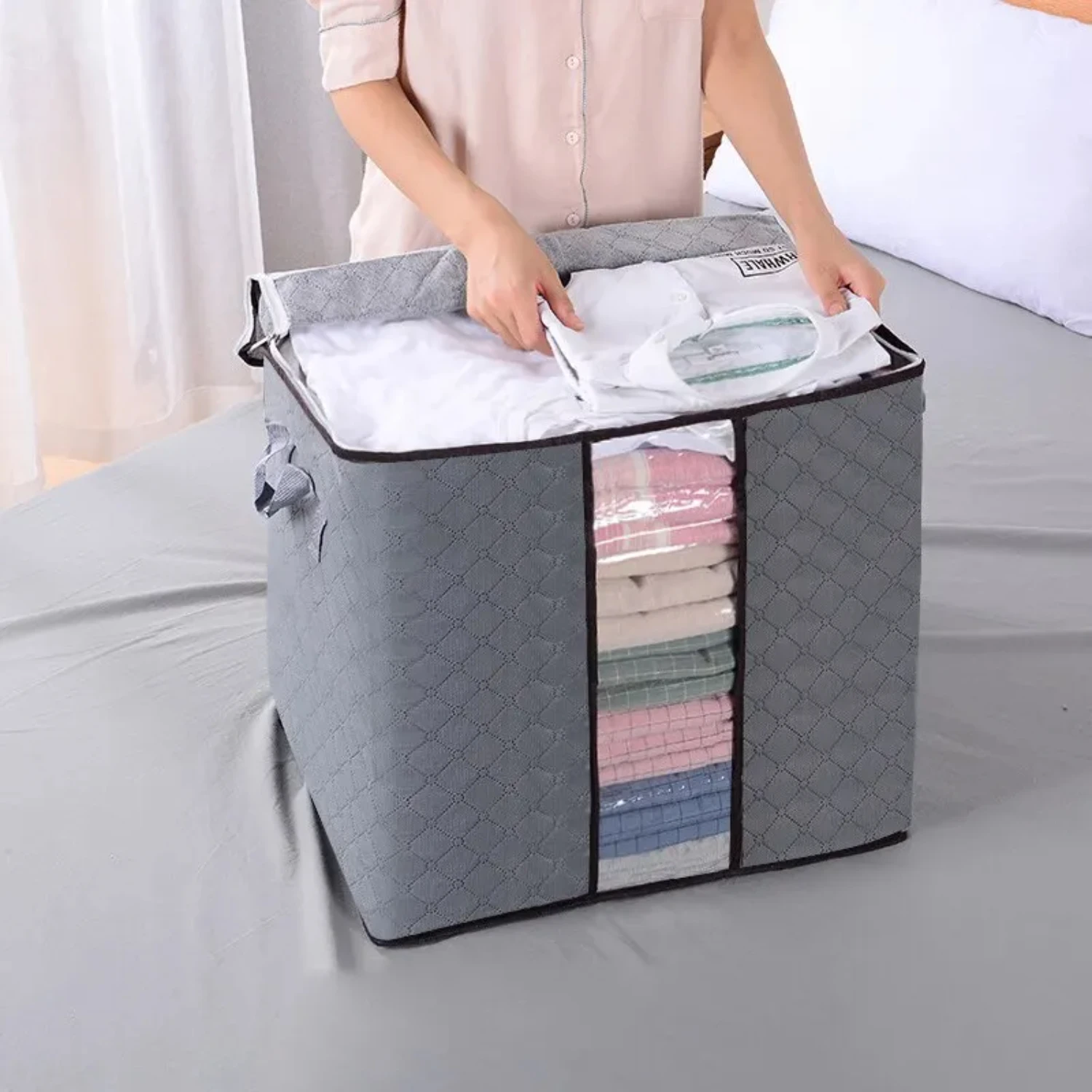 1Pc/2Pcs Large Capacity Non-Woven  Box  Clothing And Bedding  Semitransparent Durable Clothes  Boxes Lunch box adults for work