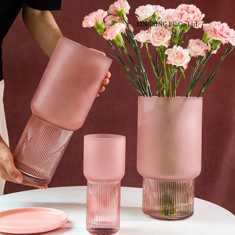 

Pink Frosted Texture Glass Vase Modern Minimalist Creative Cylindrical Hydroponic Flower Arrangement Accessories Home Decoration