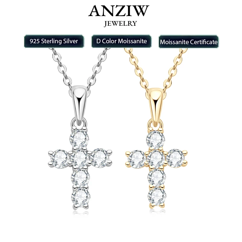 

Anziw Classic Charm Cross Pendant Necklace 925 Sterling Silver Moissanite with Certificate for Women Men Gifts Collar Jewelry