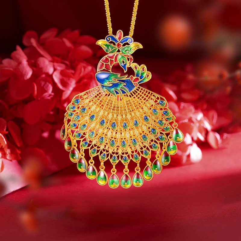 

Genuine 18K Gold Color Enamel Cloisonne Phoenix Sweater Chain Pendant Necklaces for Women Gold Neck ChainFine Jewelry Gifts