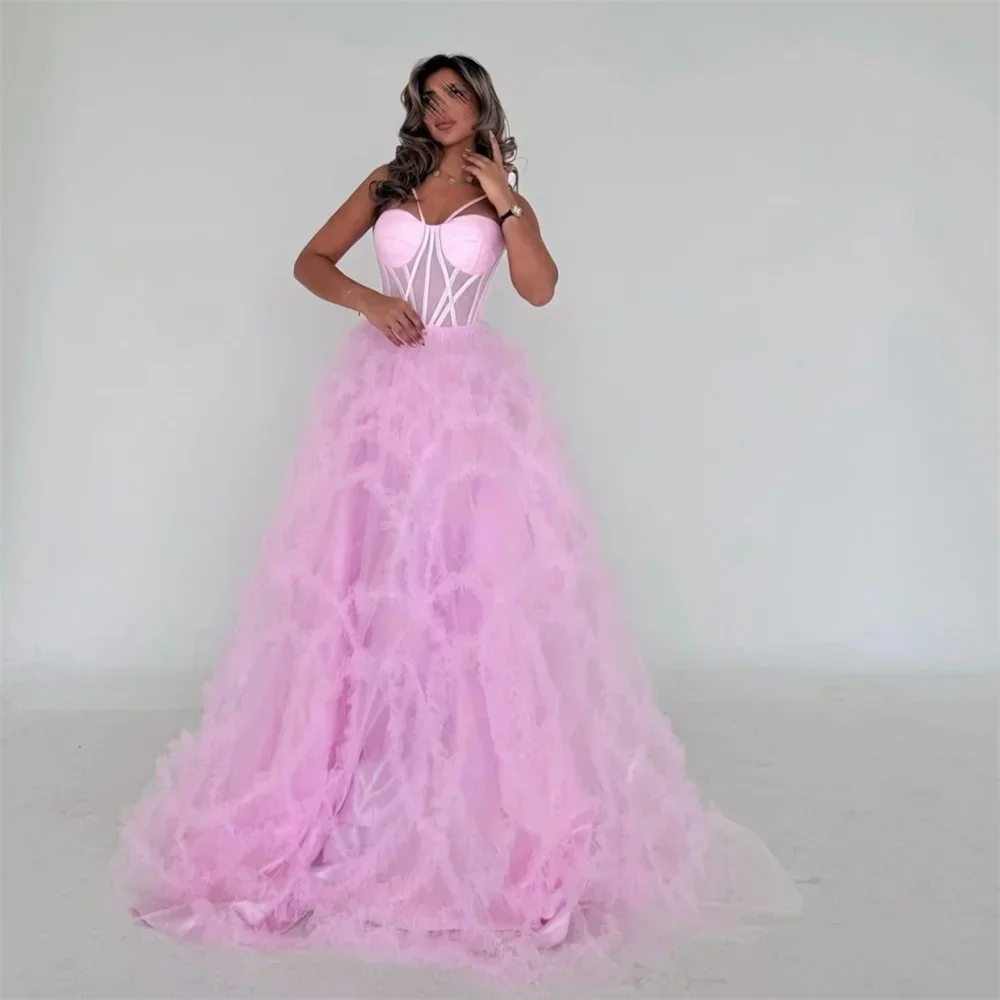 

Customized Saudi Arabia Prom Dress Evening Spaghetti Strap A-line Floor Length Skirts Tulle Fold Bespoke Occasion Dresses Formal