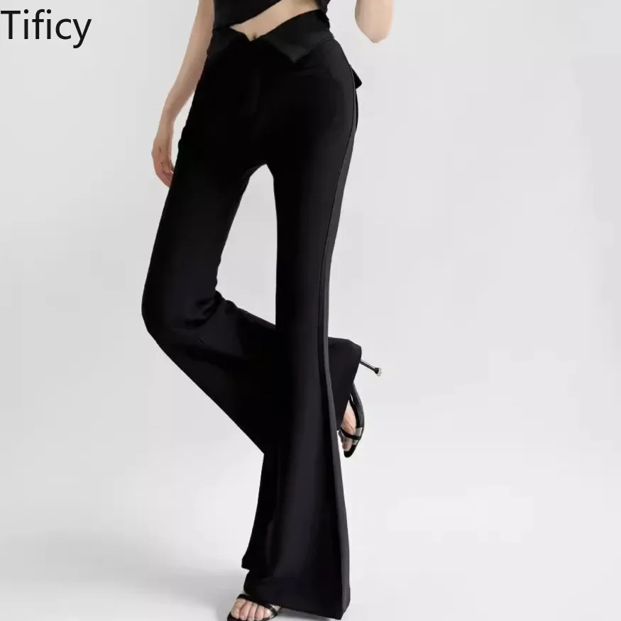 TIFICY V-shaped Flip Waist Micro Horn Long Pants Women's Black Autumn Low Waist Slim Fit Hanging Feeling Floor Length Pants