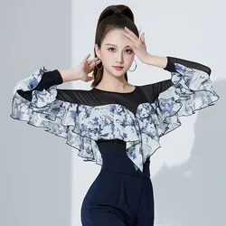 2026 Adult Women Ballroom Costume Blue White Ink Dyed Watermark Lotus Leaf Latin Tops With Chest Pad And Button On The Crotch