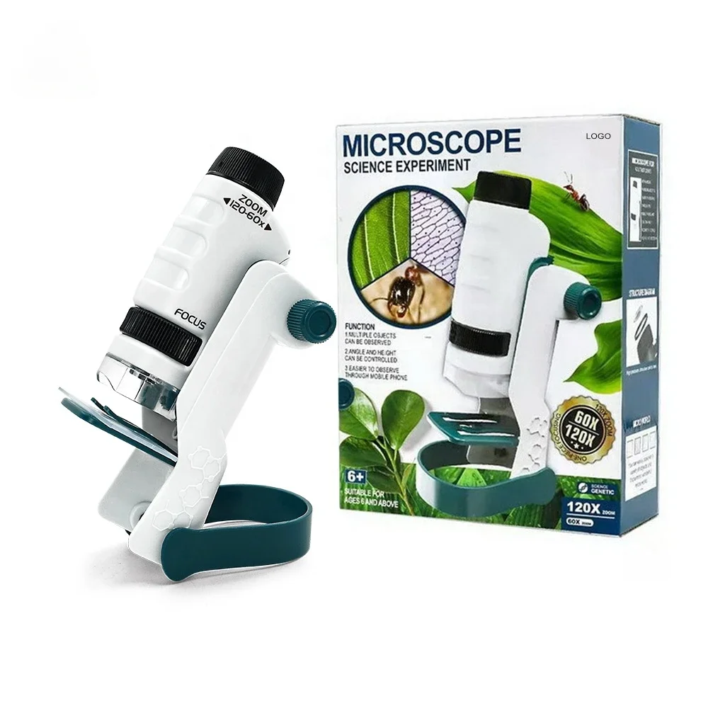 Kit de microscopio biológico portátil, lupa de laboratorio portátil alimentada por bolsillo, LED 60X-120X, juguetes educativos de ciencia escolar