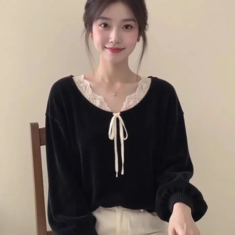 Women's Black Long Sleeve Blouse Lace Trim Tie Neck Top Casual Soft Daily Wear Shirt