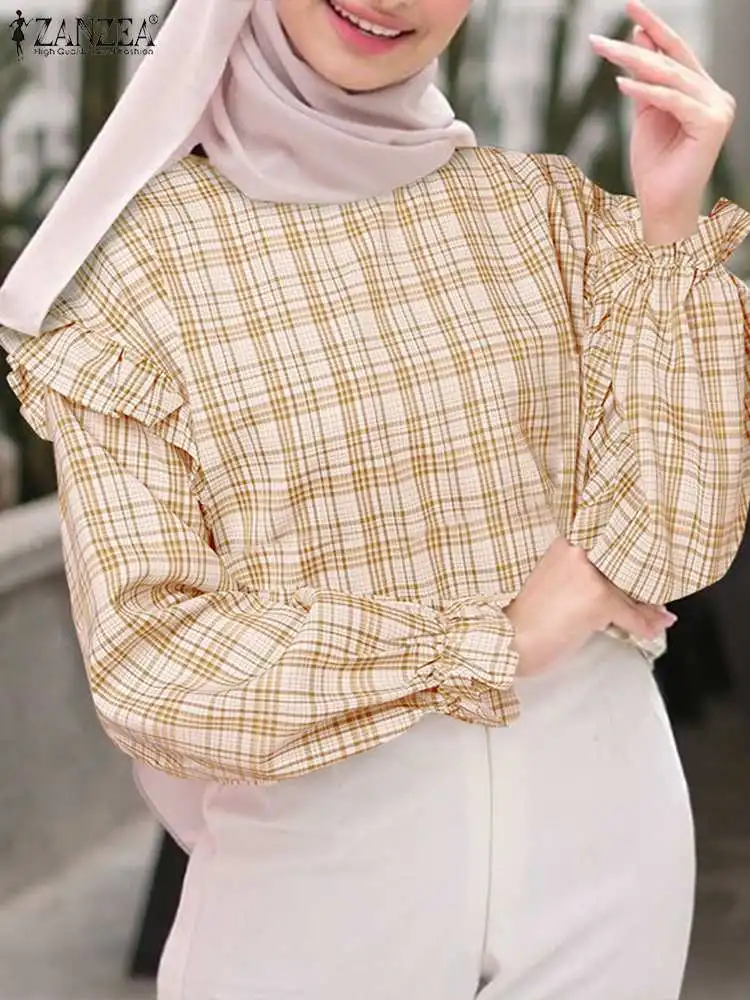 

Women Muslim Tops Autumn Elegant Blouse ZANZEA Dubai Blouses Fashion Long Sleeve Checked Shirt Ramadan Abaya IsIam Clothing