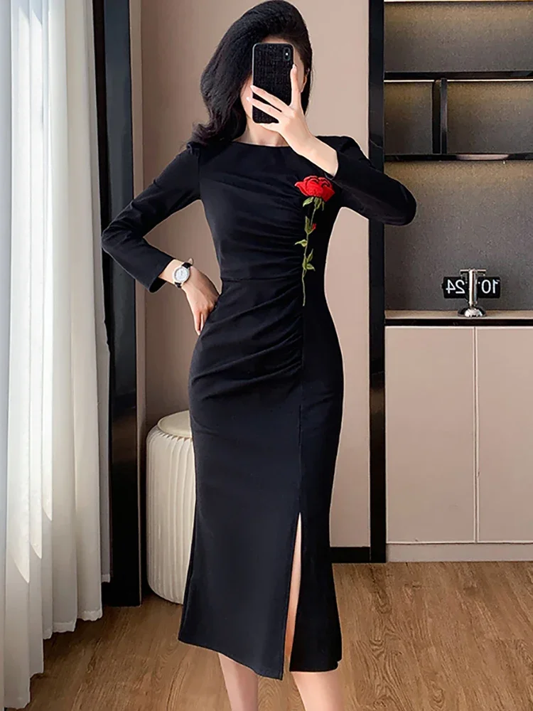 Women Elegant Bodycon Prom Clothes Autumn Winter Black Pleated Embroidery Floral Long Dress 2024 Korean Vintage Hepburn Vestidos