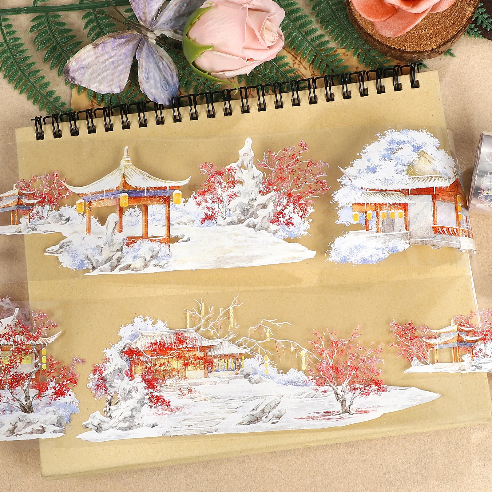 

Лента ПЭТ 70мм*5м «Винтажный павильон с цветами снежного слива», для творчества, скрапбукинга, коллажей, декоративных работ, канцелярских товаров