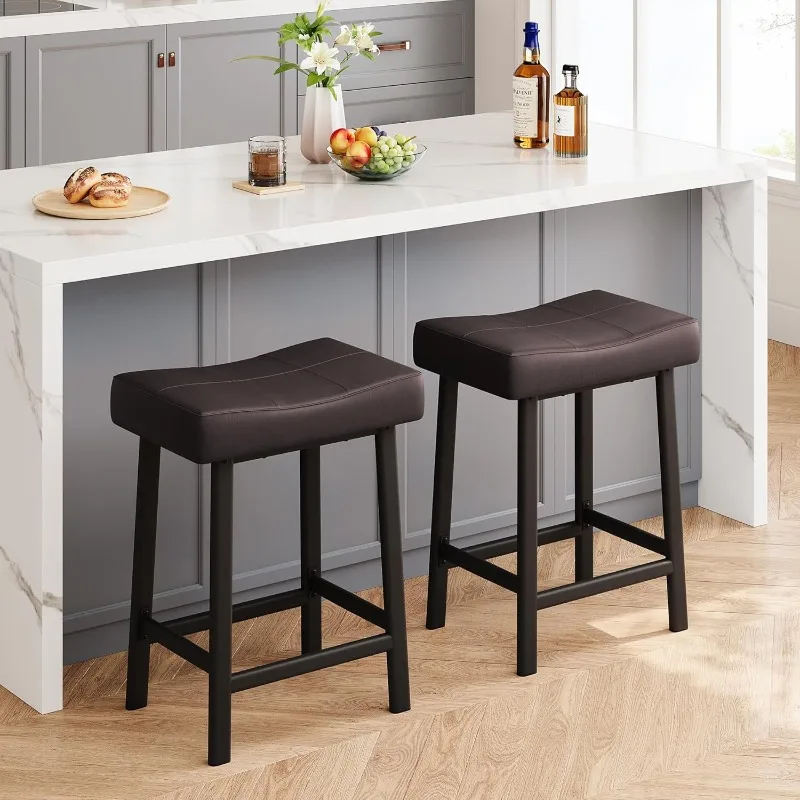 

24 Inch Backless Saddle Barstools Set of 2, Counter Height Upholstered Padded Barstools with Curved Surface