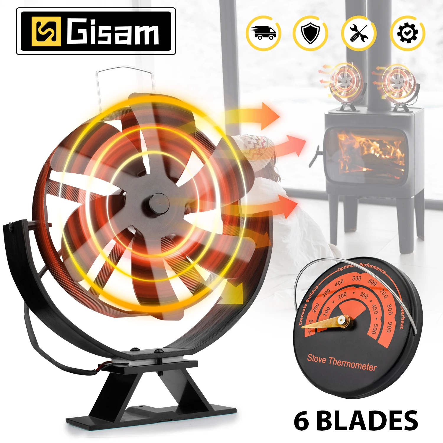 

6 Blades Mini Stove Fan Heat Powered Fireplace Fan Log Wood Burner Eco-fan Quiet Fireplace Fan Home Efficient Heat Distribution