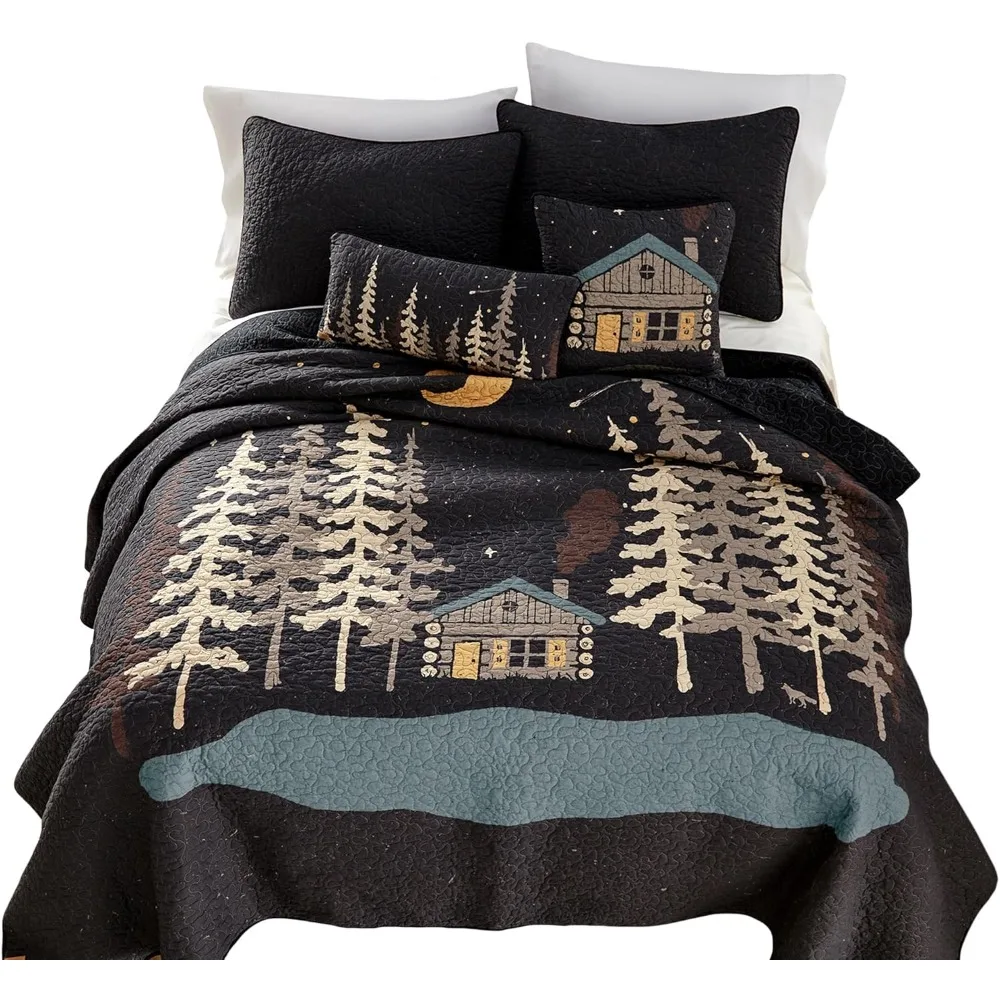 

Хлопковое королевское одеяло — одеяло Moonlit Cabin Lodge с лесным узором — можно стирать в машине