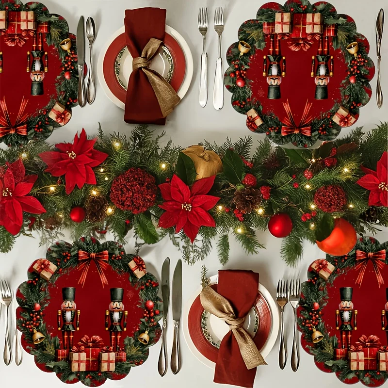 VIKAMA 4 قطع عيد الميلاد كسارة البندق وجبة حصيرة كسارة البندق هدية مربع مع طاولة القوس الذهبي زينة عيد الميلاد