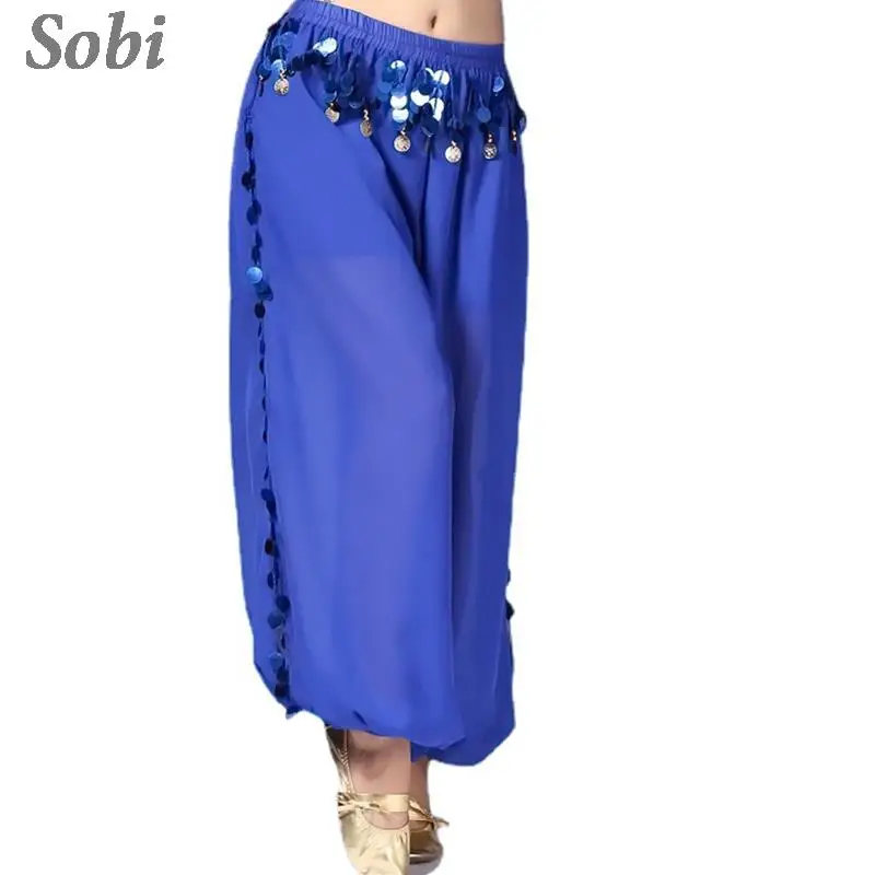 India Belly Dance Pants Bollywood Belly Dancing Costume Women Sequin Chiffon Split Wide Leg Pants Tribal Dance Bloomers Trousers