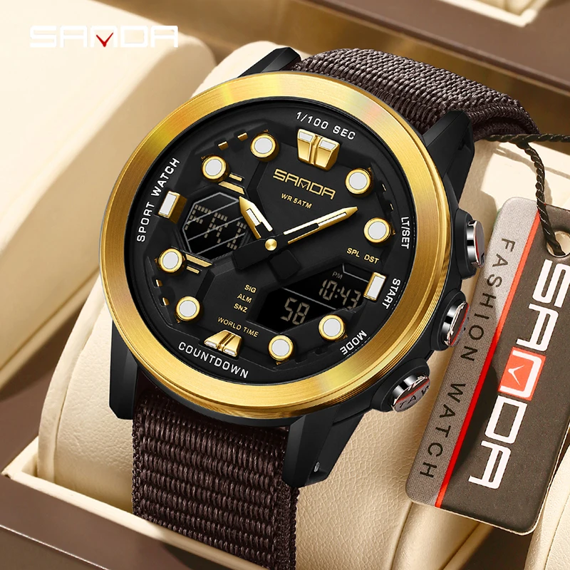 SANDA 3392 デュアルディスプレイ電子時計メンズナイロンストラップ + 29 タイムゾーン + 4 カウントダウン時計 + 曜日と日付表示学生用腕時計