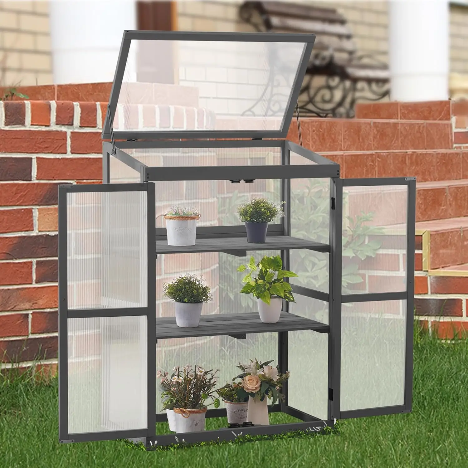 Mcombo Greenhouse Wooden Cold Frame Greenhouse, Garden Portable Mini Greenhouse Cabinet, Raised Flower Planter Shelf Protection