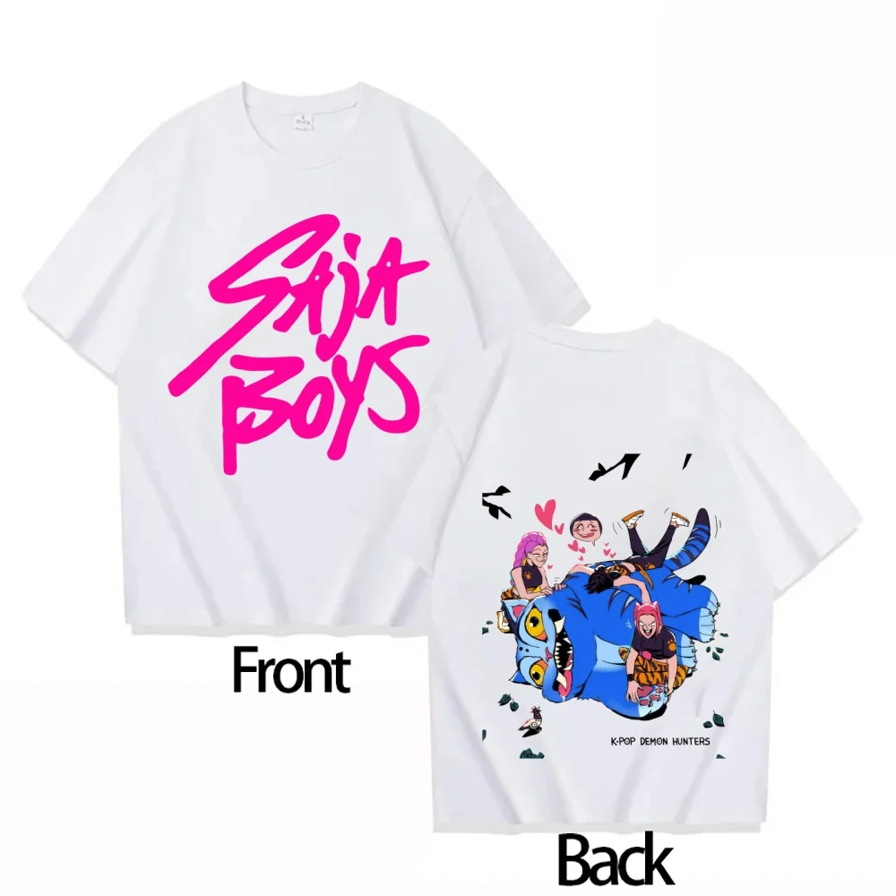 

Футболка Saja для мальчиков 2025 года, крутая мужская детская футболка с рисунком Kpop Demon Hunter, хлопковая летняя одежда с круглым вырезом для родителей и детей, S-2XL