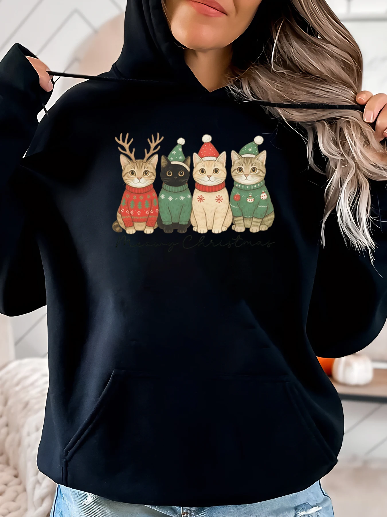Gatos de Natal com chapéus e suéteres de Papai Noel com capuz de Natal feminino casual roupa de férias preta plus size