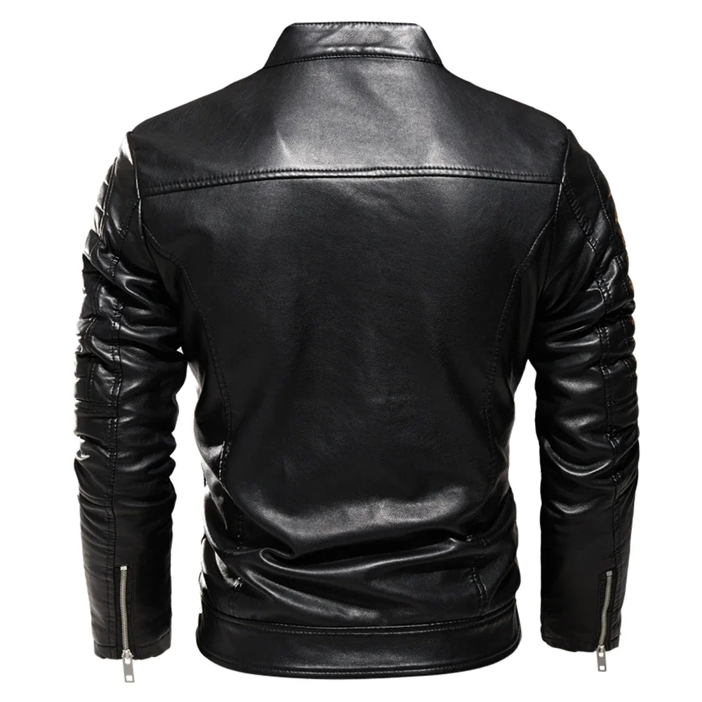 2025 Winter Black Leather Jacket Men Fur Lined Warm Motorcycle Jacket Slim Street Fashion BLack Biker Coat Pleated Design Zipper - Image 2