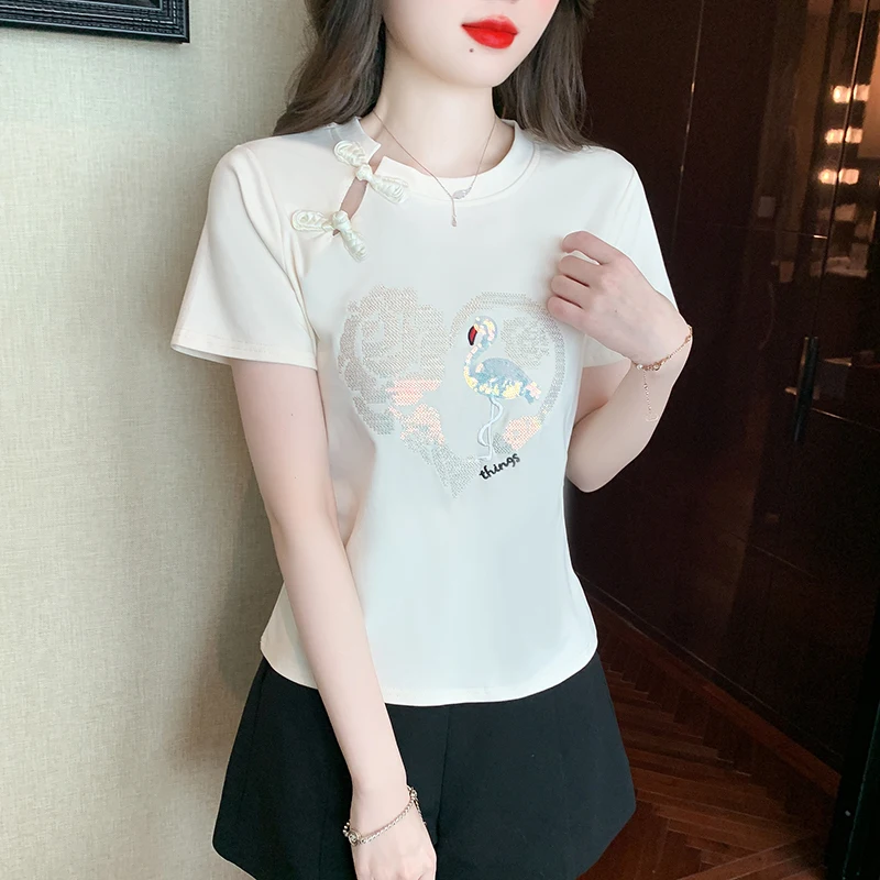 

2023 New Summer Vintage Clothes Cotton T-Shirt Women Chic Sexy O-Neck Button Hollow Out Sequins Swan Tops Short Sleeve Tees 3704