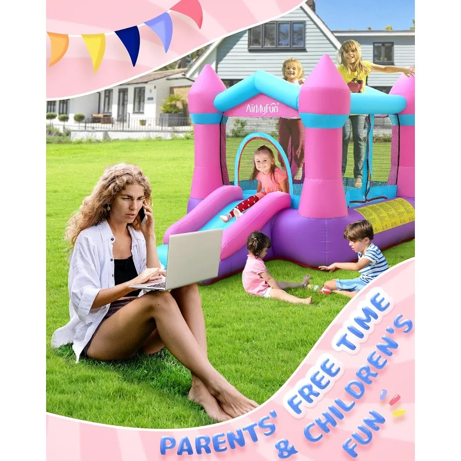 Pink Inflatable Toddler Bounce House with Blower, Indoor/Outdoor Jumping Castle for Kids 3-8, Inflatable Bouncy House with Slide