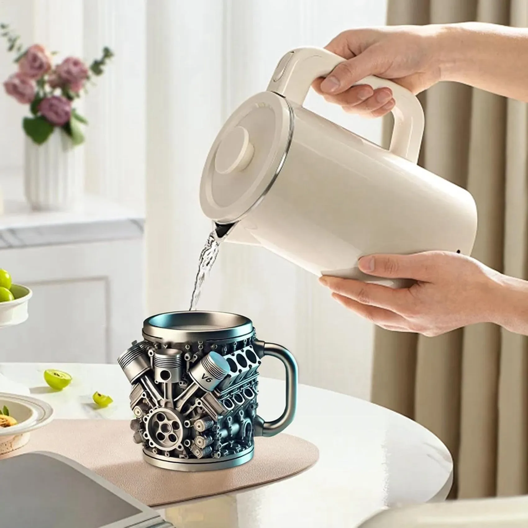 

【ORNAMENT】3X V6 Engines Stainless Steel Cup Coffee Mug, Car Engine Coffee Cup With Insulated Handle For Car Lovers Gift