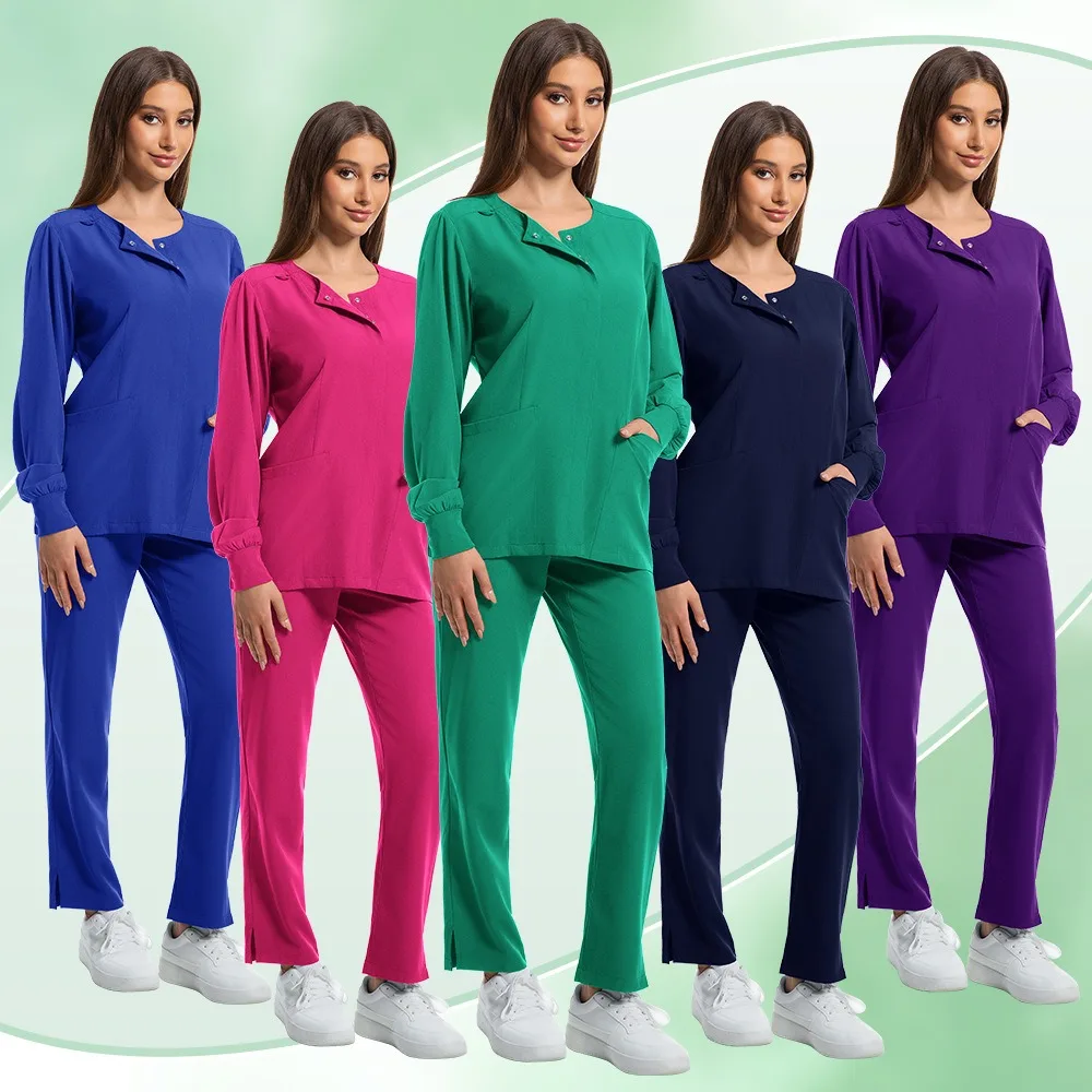 

Hot Sale Medical Nursing Scrub Uniform Clinic Scrub Long Sleeve Uniform Women Nursing Scrubs Pockets Top and Pants Nurse Jackets