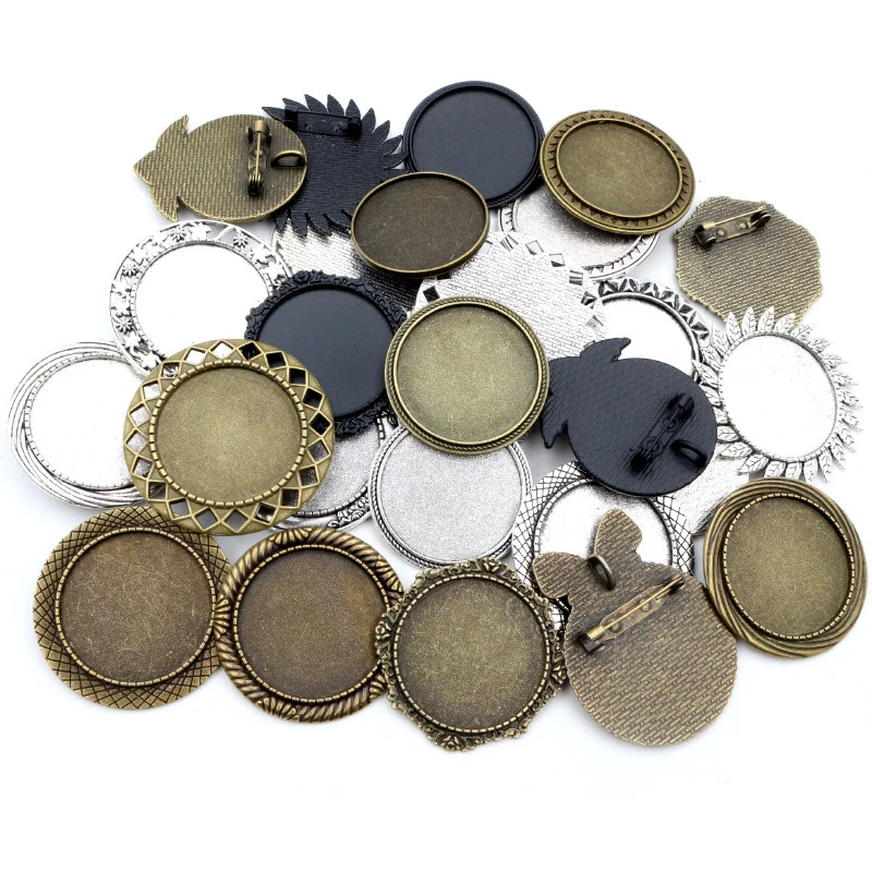 5pcs/lot 30mm Inner Size Black and Antique Silver Plated And Bronze Colors Brooch Pin whirlwind Style Cabochon Base Setting