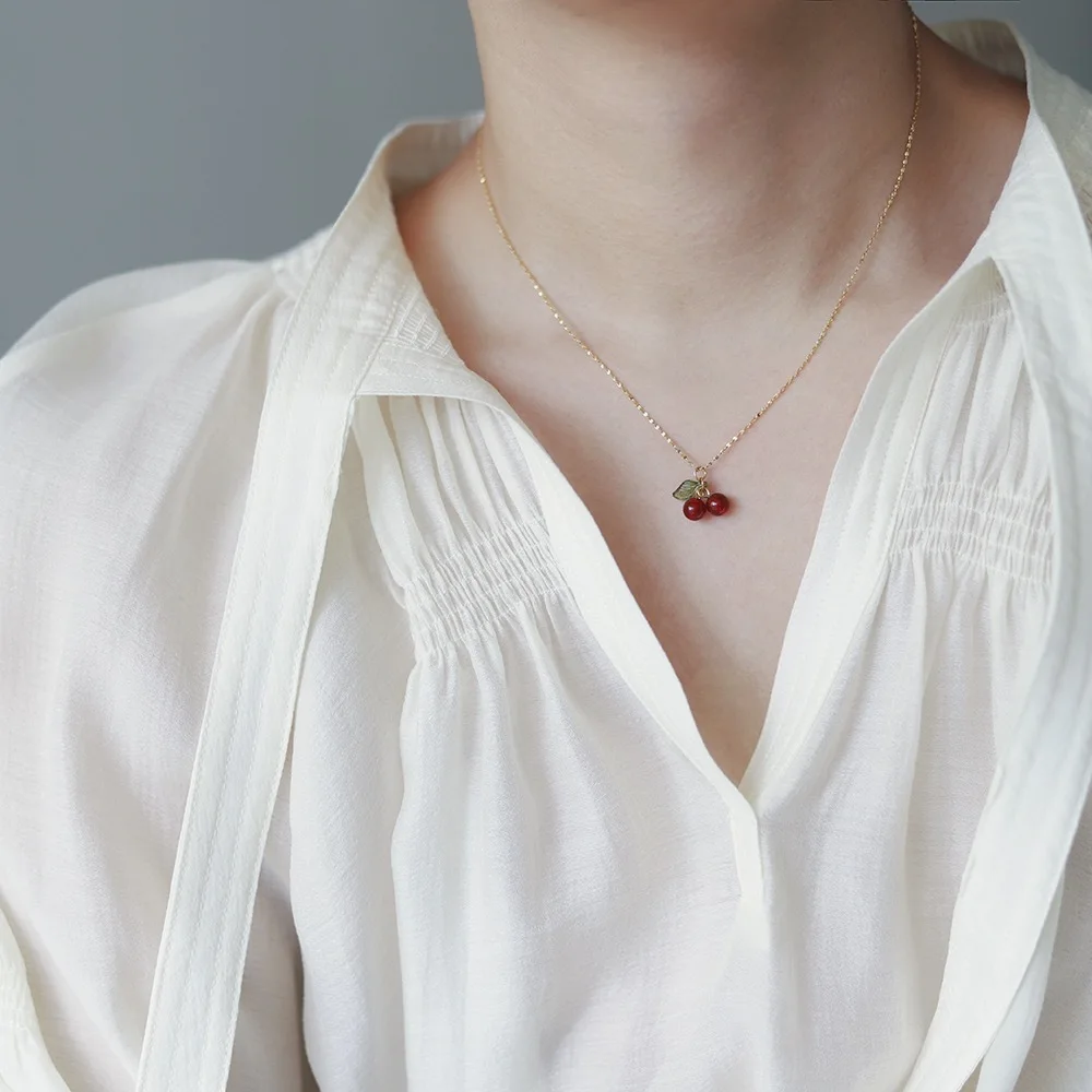 316L Stainless Steel Cherry Necklace Natural Stone Beads Pendant Chain Necklace Women\'s Fashion Wedding Jewelry Birthday Gift