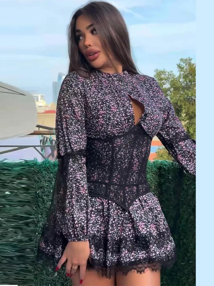 Damen-Minikleider mit Aufdruck, Taillenschnürung, Laternenärmeln, Kurzkleid mit O-Ausschnitt, Spitzen-Patchwork, Schlanker Schnitt, Partykleidung, Neu – Detail 23