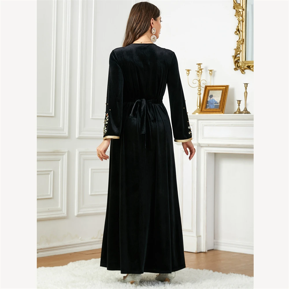 Elvet Embroidered Abaya for Women Beaded Belted Islamic Dress Muslim Dubai Caftan Moroccan Kaftan Ramadan Eid Jalabiya Djellaba